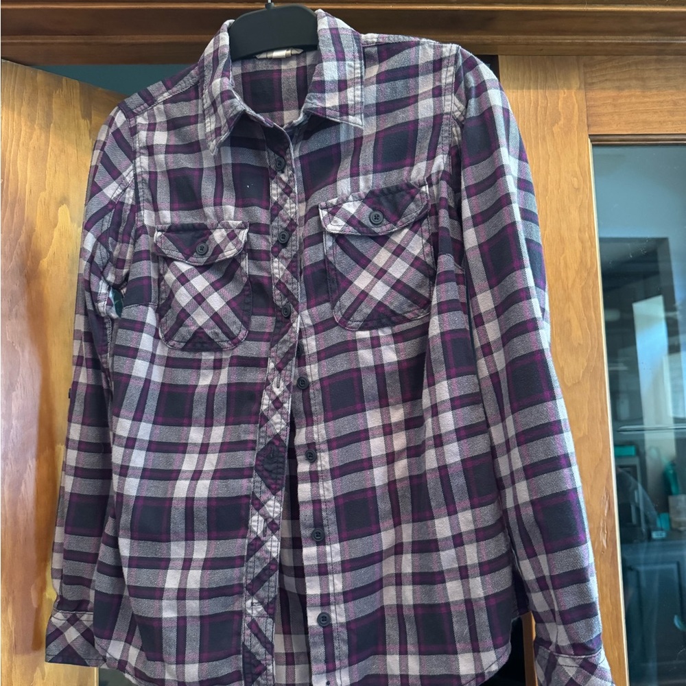 Duluth Trading Co Purple and Black Plaid Button Shirt